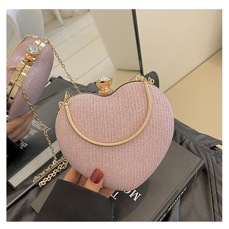 Ladies Fashion Shining Chain Crossbody Bag, Elegant Shoulder Heart Shaped, Metal Embellished, Black, with Buckle Closure, for Party, Wedding, Date